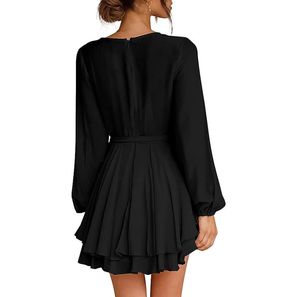 Vestito Donna Corto Mini Abito con Profondo Scollo a V Maniche Lunghe Sexy Miniabiti Swing Abito da Skater Casual Discoteca Cocktail Clubwear con Cintura