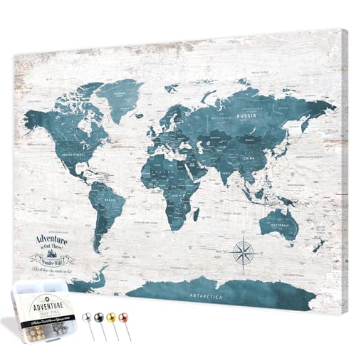 Image of IPIC - Antique Blue World Travel Map, Pin Board Canvas Wall Art, Travel Map with Pins Included, Ready to Hang for Home or Office, 36x24 Inch