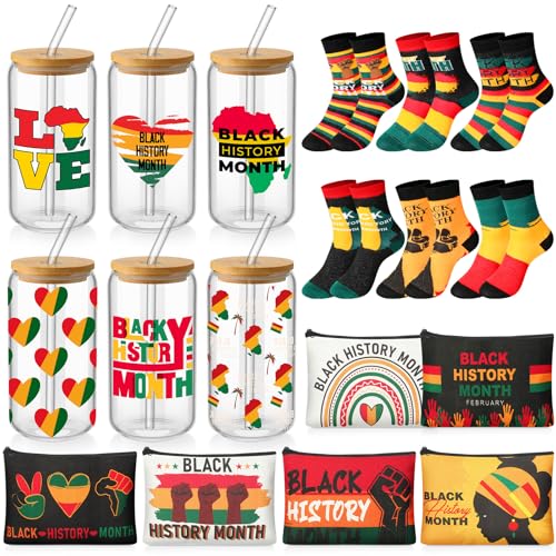 Tioncy 18 Pcs Juneteenth Gifts Set for Women 16 oz Can Shaped Glass Cups with Lids and Straws Black History Month Makeup Bags Juneteenth Socks (Black History Day)
