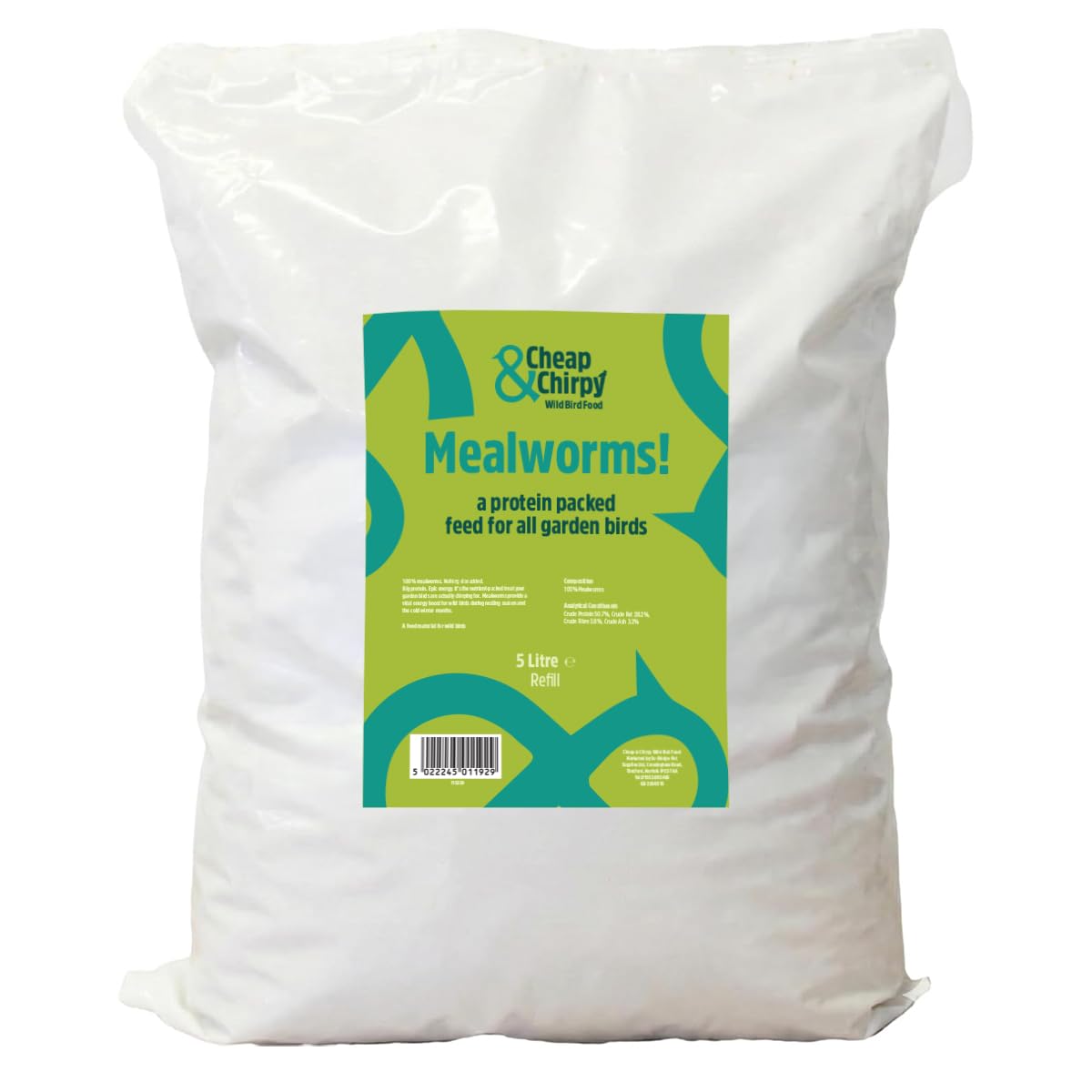 Cheap & Chirpy Dried Mealworms for Wild Birds - 5 Litre Refill Bag - Wild Bird Feed - Hedgehog & Squirrel Food - Swan and Duck Food (packaging may vary)