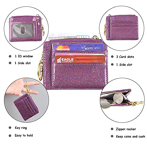 Image of woogwin Slim RFID Credit Card Holder for Women Mini Front Pocket Wallet Purse With Keychain, Glitter Purple, small, Compact