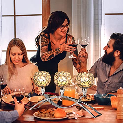 Silver Crystal Candle Holder 3 Wick Dining Table Centerpiece Bling Tea Lights Candle Holder Centerpiece Table Decorations For Dining Living Room Home Decor Mothers Day Valentines Day Gifts #TOP1