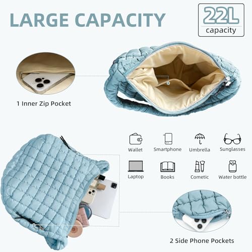 Image of Quilted Tote Bag Hobo Bags for Women Slouchy Tote Bag Puffy Crossbody Bags Light Blue