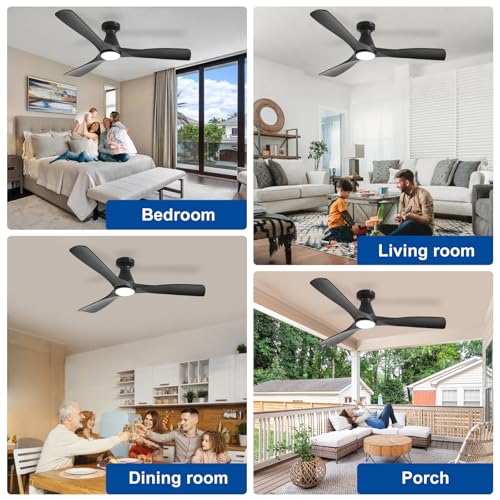 Image of Depuley 52-Inch Ceiling Fans with Lights: Black 3 Blade Flush Mount Low Profile Ceiling Fan for Bedroom - Dimmable Indoor Outdoor Fan with Remote Control Ultra Quiet DC Motor Timer