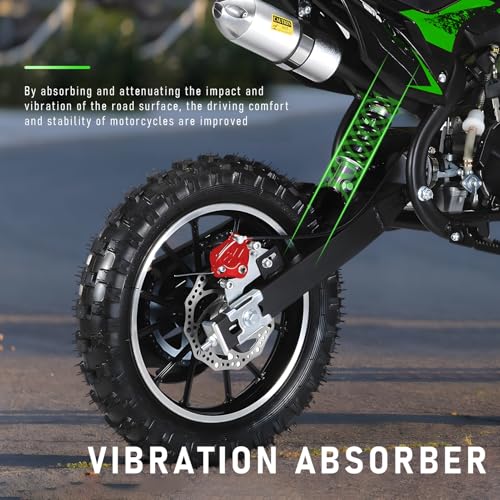 Image of 50CC Kid Dirt Bike, Gas Powered Mini Motorcycle for Kids 8-14 | Up to 35 MPH 330LBS Capacity with Front & Rear Disc Brakes, 10-Inch Off-Road Tires, Pull Start for Youth & Adults Green