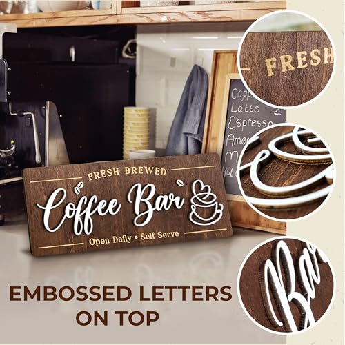 Image of Woodamore Coffee Bar Signs for Wall Decor - Vintage Coffee Accessories for Cafe Station Signs Decorations, Small Farmhouse Cafe Sign for Home Decor Kitchen, Countertop