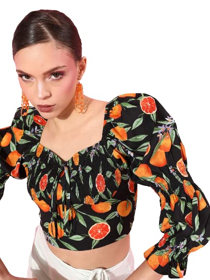 Image of Style Quotient Black & Orange Print Sweetheart Neck Bishop Sleeves Crop Top