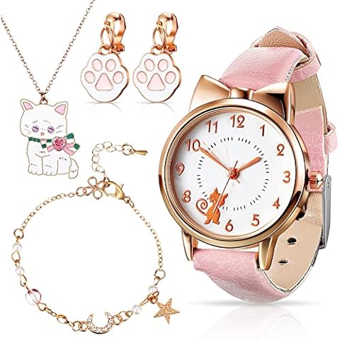Children's Watch and Silver Plated Jewellery Set Include Cat Design Watches with Pu Strap, Cute Cat Necklace, Cartoon Cat Ear Clip for Kids Girls Birthday Gift Girls Watches for 8 Years Old Cover