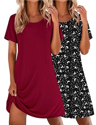 Image of Ekouaer 2 Pack Nightgowns for Women Sleepshirt Short Sleeve Night Shirts
