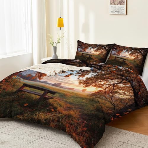 Parure de couette 240x260 cm microfbre avec 2 taies d'oreiller orange paysage d'automne