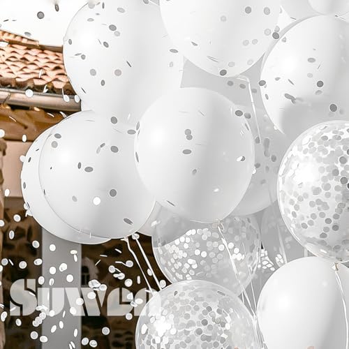 Image of SUWEN White and Confetti Balloons Set 47PCS Latex Helium | White Balloon for Birthday Anniversary Party Decorations