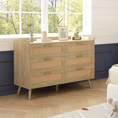 FUSOU 6 Drawers Dresser for Bedroom, Rattan Storage Dresser with Power Outlet, 47'' W TV Stand Chests of Drawers for Kids Room, TV, Living Room, Entryway - Image 3