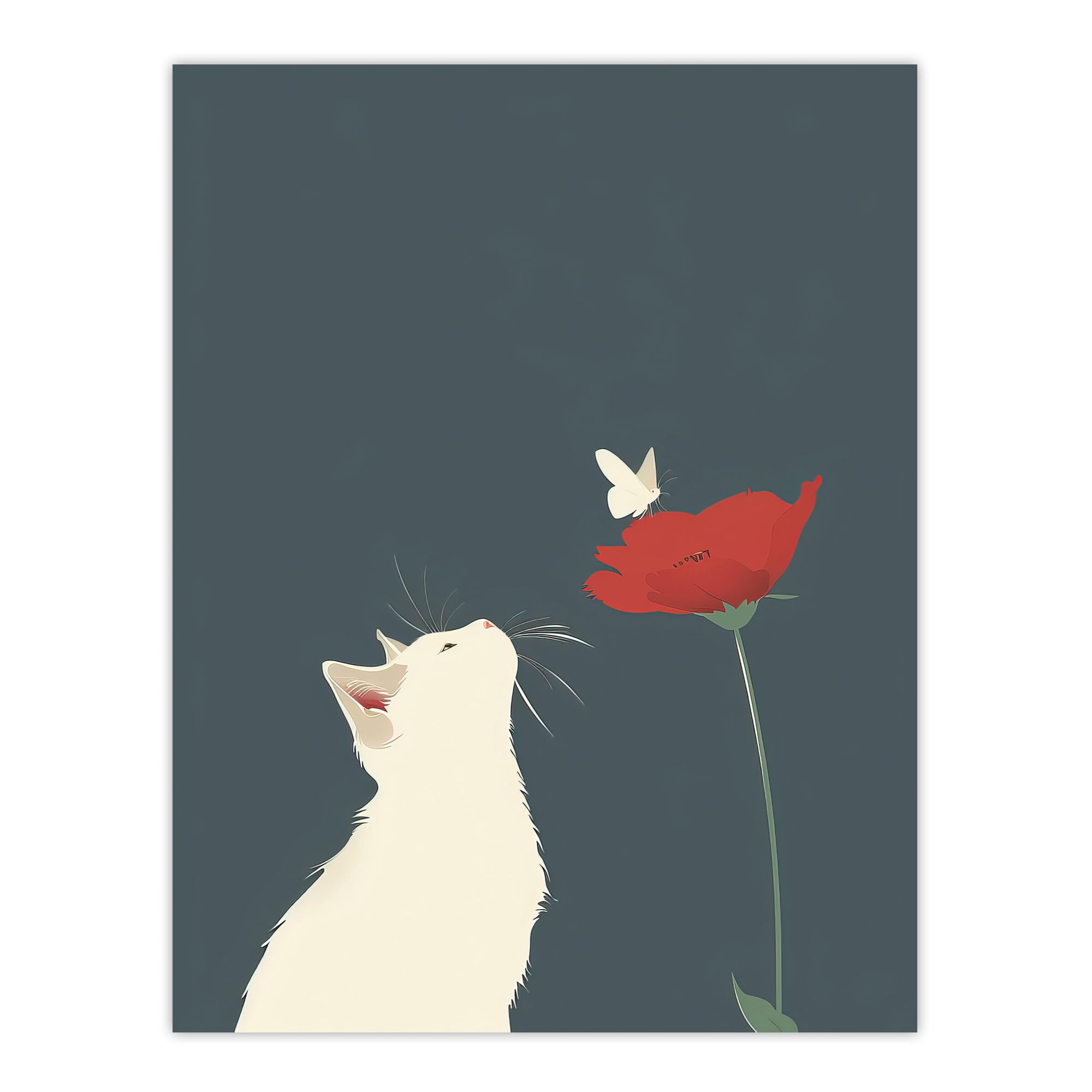 Artery8 Wall Art Print - Kitten with Rose Butterfly Artwork - Grey - W18" x H24"