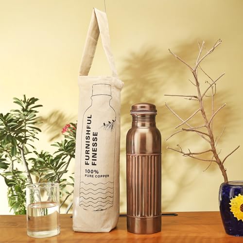 FURNISHFUL FINESSE 32 Oz Copper Water Bottle for Drinking 1000 ml Ayurvedic Pure Copper Vessel with Carry Bag