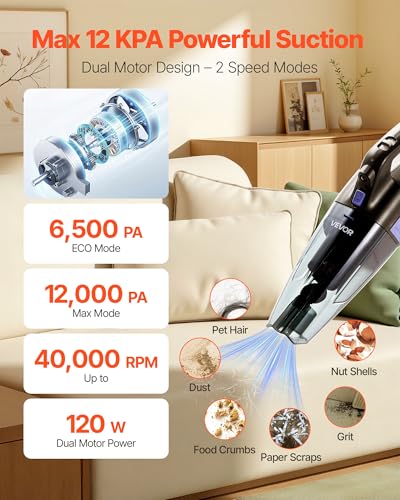 Image of VEVOR Handheld Vacuum, Portable Vacuum Cleaner Cordless with HEPA Filter and Brushes, Lightweight Hand Held Cleaner with Powerful Suction, for Car, Home, Office, Pet Hair