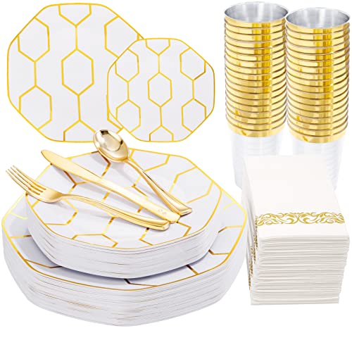 Colosus 175Pcs Disposable Plastic Party Plates Dinnerware Set - 25 Guest Gold White Plastic Dinner Plates Dessert Plates Silverware Cup And Napkins - For Party/Wedding #TOP13