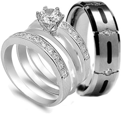 4 pcs His & Hers, STAINLESS STEEL & TITANIUM Engagement Wedding Rings Set. AVAILABLE SIZES men's 7,8,9,10,11,12,13; women's set: 5,6,7,8,9,10. EMAIL US SIZES THAT YOU NEED