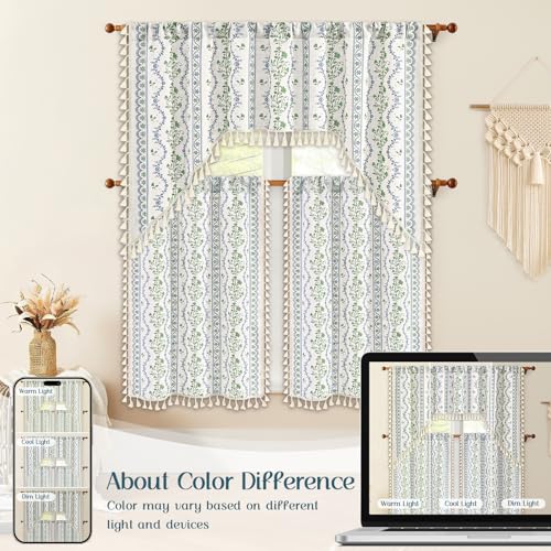 Image of Yinhua Boho Swag Valance Curtains Vintage Linen Valances for Windows Light Filtering Floral Kitchen Valance Rod Pocket Rustic Tassel Window Valances for Bathroom Cafe, 60 inch W x 36 inch L, Blue Green Floral