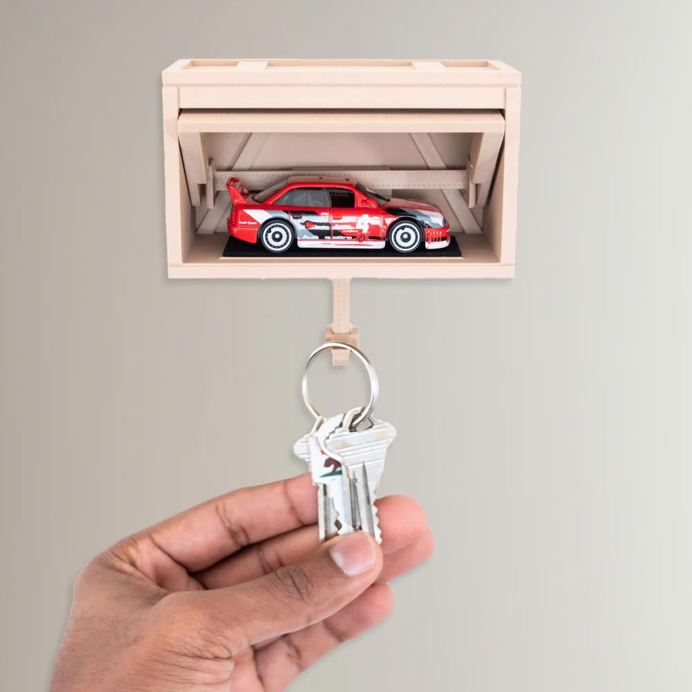 Car Garage Key Holder with Opening Door, Key Holder for Wall, Cute 3D Printed Key Organizer Wall Mount, Small Key Organizer with Wagon Garage and Opening Door for Cars Enth