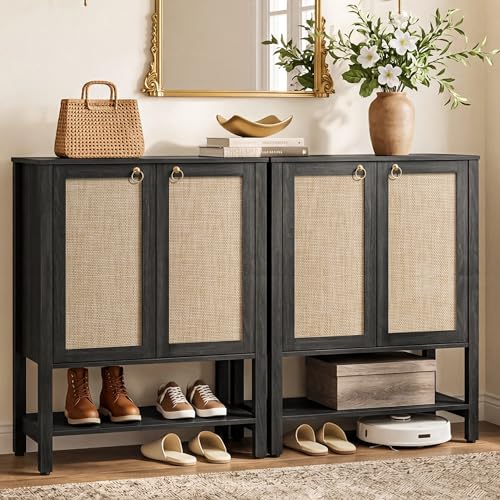 Image of SICOTAS Shoe Storage Cabinet for Entryway - 5 Tier Rattan Entry Shoe Organizer Cabinet with Shelves & Doors, 2 Pieces Farmhouse Boho Tall Shoe Rack for Hallway, Living Room, Closet (Obsidian)