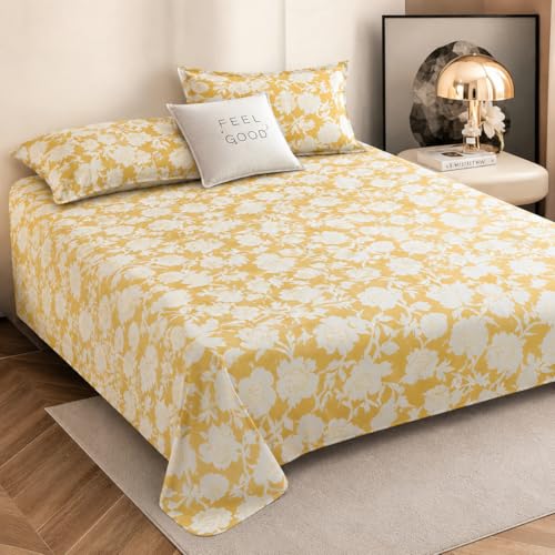 Image of Cotton Feel King Size Flat Bedsheet for Double Bed (90 x 100 Inches | 230 x 250 cm) with 2 Pillow Covers | Soft & Smooth Printed Bedsheet for Daily Use (Yellow, King Bed-90x100)