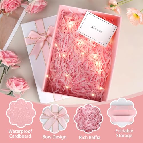 Geschenkbox mit Deckel, 25x18x8,5cm Geschenkkarton, Geschenkverpackung mit Schleife, Geschenkbox Geburtstag Set mit Raffia, Grußkarten, Licht, Geschenkschachtel für Hochzeit Valentinstag (Rosa)