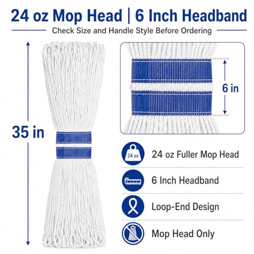 Image of 24 oz Loop-End Cotton String Mop Head, Heavy Duty String Mop Refills, 6 Inch Headband, Mop Head Replacement for Home, Industrial and Commercial Use (white-6pc)