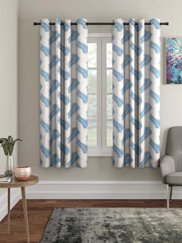 Image of Cortina 2 Piece Leaf Design Panel Eyelet Polyester Window Semi Sheer Curtains - 5 Feet, Blue