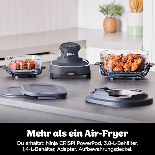 Ninja CRISPi tragbare Air fryer Heißluftfritteuse, 3,8 l, 4-in-1: Heißluftfrittieren, Braten, Warmhalten, Recrisp, kompakt, 6 Portionen, 2x herausnehmbare Glasbehälter & Deckel, 1700W, Grau FN101EUGY