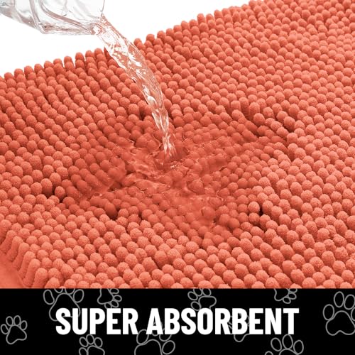 Image of Smiry Dog Door Mat for Muddy Paws, Absorbent Dirt Trapper Non Slip Quick Dry Washable Chenille Mat for Mud Dogs, Entry Rug for Indoor and Outdoor (30x20 Inches, Coral and White)