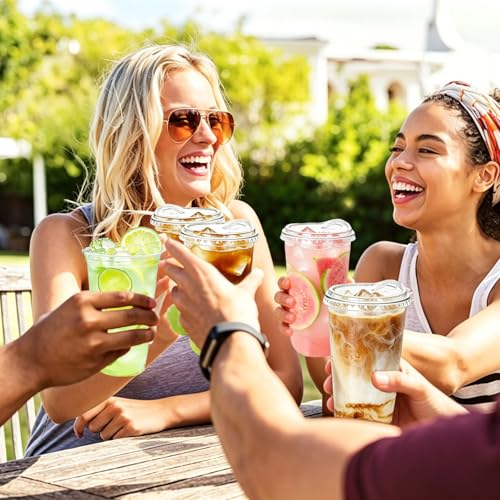Image of 100 Pack 20 oz Plastic Cups with Lids,Clear Disposable Iced Coffee Cups,To Go Cup with Sip Through Lids for Cold Beverage,Smoothie,Wedding,Juice,Milkshake,Party
