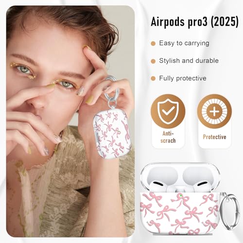 Image of Compatible Airpods Pro 3 Case (2025),Soft Cute Pink Bow Print Silicone Protective Cases for Apple AirPods Pro 3rd Generation Case,Airpod Pro 3 Cover with Keychain&Cleaner Kit for Women /Girls,Pink Bow