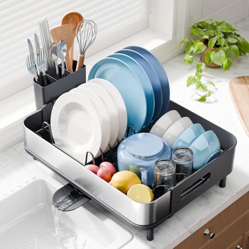 Image of Favria Dish Drying Rack - Space-Saving Dish Rack for Kitchen Counter, Anti Rust Kitchen Drying Rack, Compact Dish Drainer Organizer with Utensils Holder (47 x 32 x 16 cm) (Stainless Steel Grey)