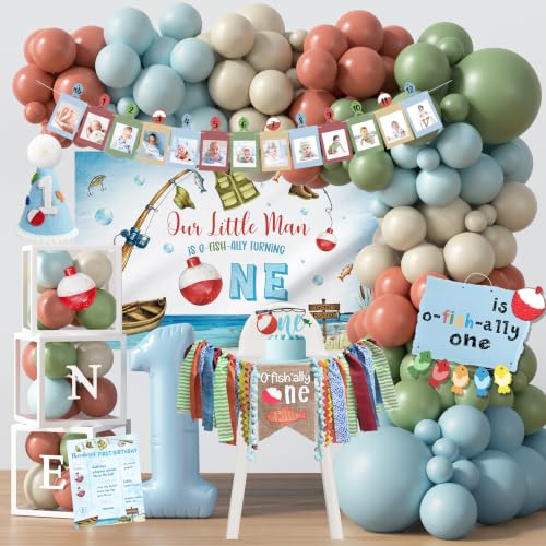 Ofishally One Birthday Decorations for Boys Fishing 1st Birthday Party Supplies with Backdrop ONE Boxes Balloon Garland Tablecloth High Chair Banner Cake Topper Crown Photo Banner