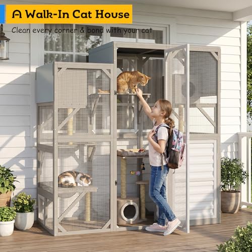 Image of Walk-in Catio with Storage Cabinet, Large Outdoor Cat Enclosure