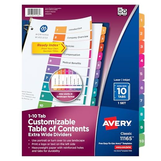 Avery Extrawide Ready Index Dividers, Laser/Ink Jet, 9.5 x 11 Inches, Assorted, 10 Tabs, 1 Set (11165)