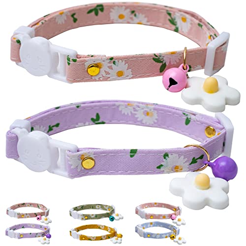 2 Pack Cotton Breakaway Cat Collars with Bell Flower Charms Kitty Kitten Collars Pink Purple Collar for Female Girl Cats…