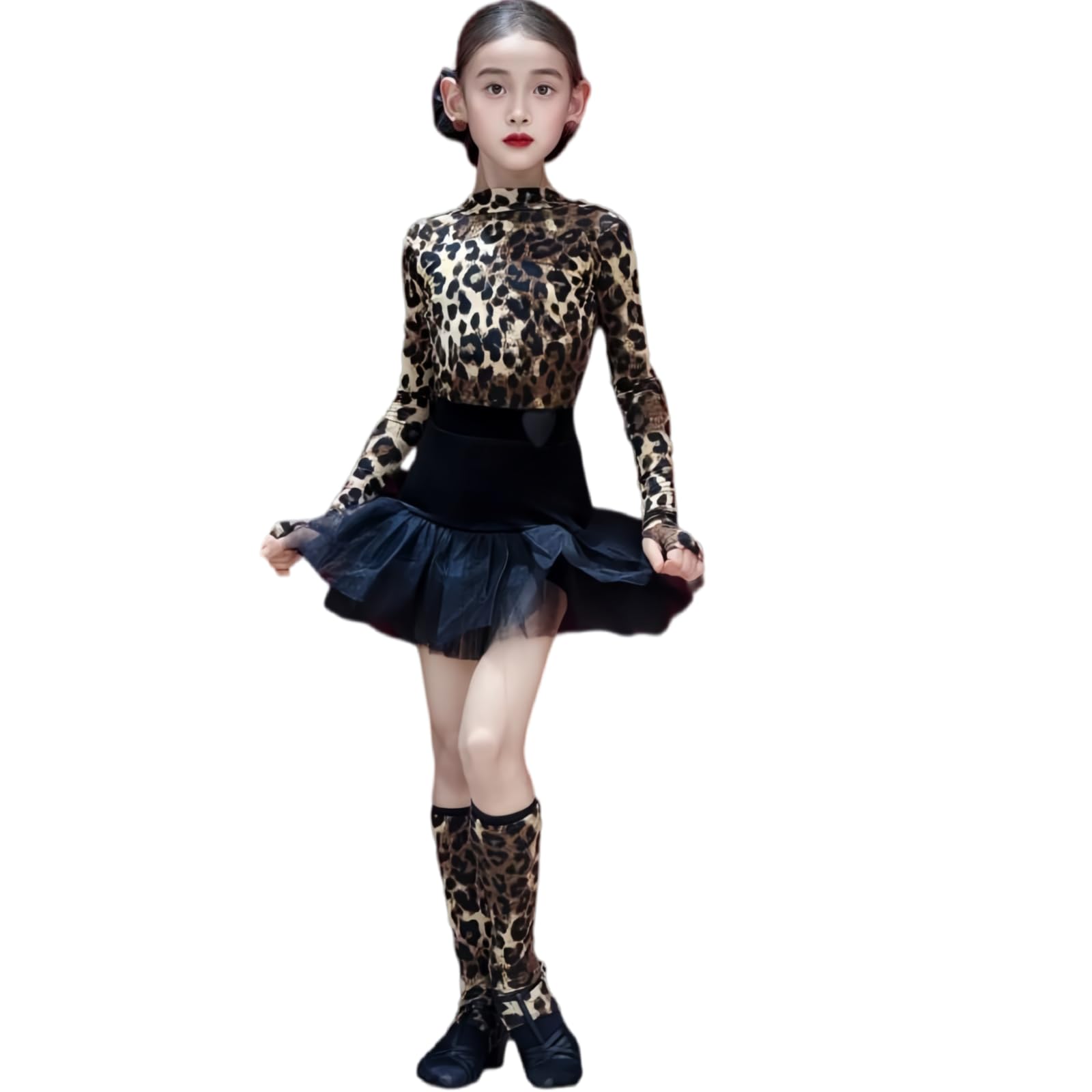 Completo Danza Latina Due Pezzi per Ragazze, Abito Danza Latina Collo Alto | Top Da Danza A Maniche Lunghe Con Stampa Leopardo Gonna Volant Scaldamuscoli Abbinati Per Cha Cha Samba Rumba Tango