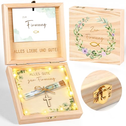 Firmung Geldgeschenk für Jungen und Mädchen Kreative Kiefernholzbox mit Reagenzglas und LED-Lichterkette Firmung Geschenke Christliche Geschenke
