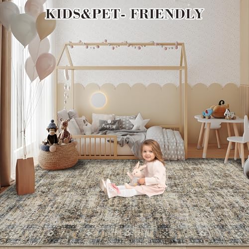 GarveeHome Extra Large Area Rug 10x13 Washable Bedroom Rug Non Slip Foldable Vintage Floral Print Throw Rug Thin Ultra Soft Distressed Carpet for Living Room Home Nursery, Brown