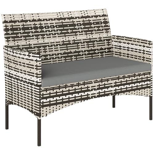 Outsunny Canapé de Jardin 2 Places en résine tressée avec Coussins, canapé d'extérieur avec accoudoirs, Cadre en Acier pour Balcon, Porche, Jardin, Gris...