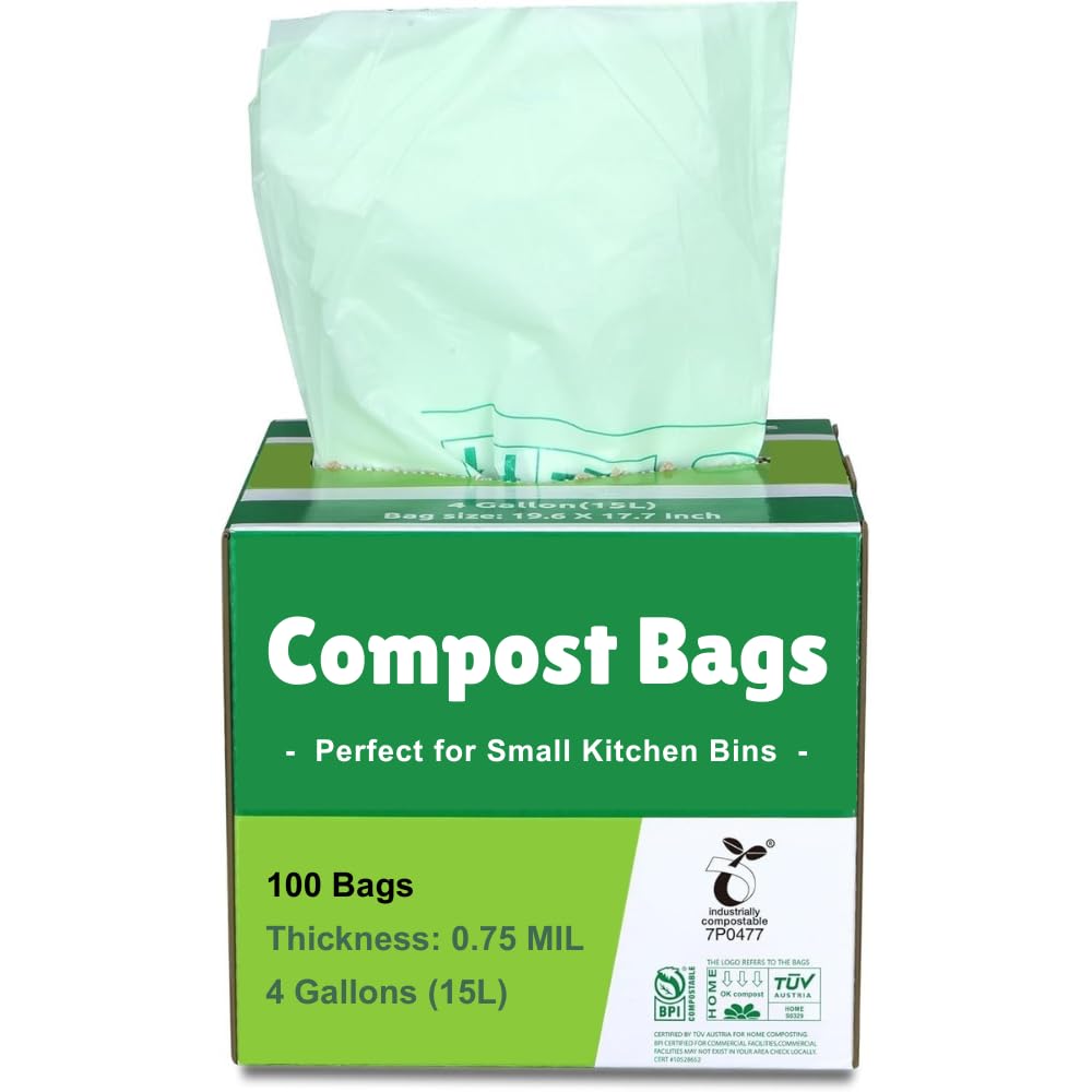 Primode 100% Compostable Bags, 4 Gallon (15L) Food Scraps Yard Waste Bags, Extra Thick 0.75 Mil. ASTM D6400 Compost Bags Small Kitchen Trash Bags, 100 Count Certified by BPI & TUV EU