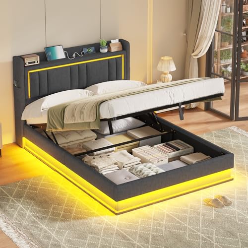 Lit Coffre 140x190 à LED, Lits Hydraulique avec Multiprise, Tête de Lit Capitonnée avec Étagère...