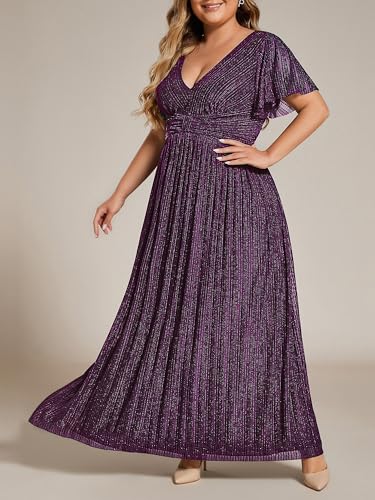 Image of Ever-Pretty Women's Plus Size Glitter Formal Dresses for Curvy Women A Line V Neck Gala Mother of Bride Dress Evening Gown