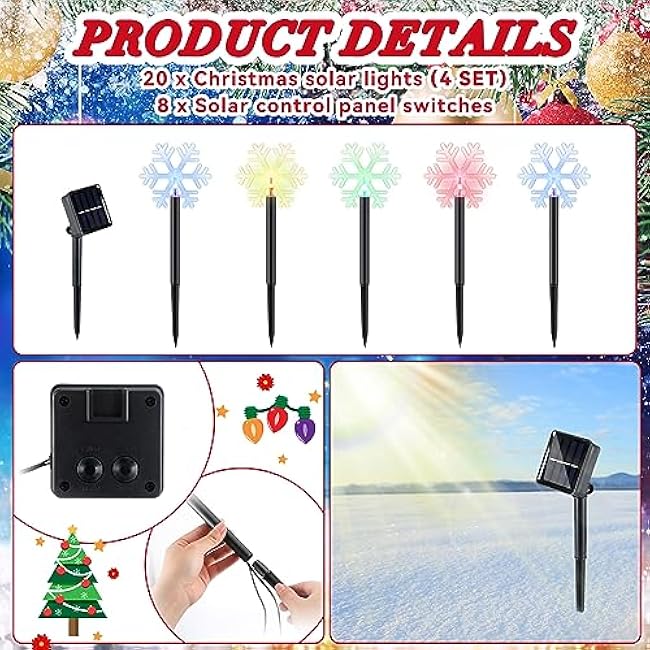 VIHOSE 20 Pcs Christmas Solar Snowflakes Pathway Lights Outdoor Solar Powered Snowflake Christmas Decoration Waterproof LED Garden Stake Lights for Yard Lawn Garden Patio Pathway