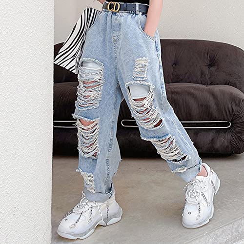 Kids Girls Ripped Jeans Elastic Waist Hole Destroyed Denim Pants Washed Denim Trousers Cool Jeans2