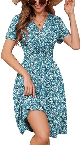 Heymoments Womens Summer Short Sleeve Casual Dresses V-Neck Midi Dress with Pockets S-2XL