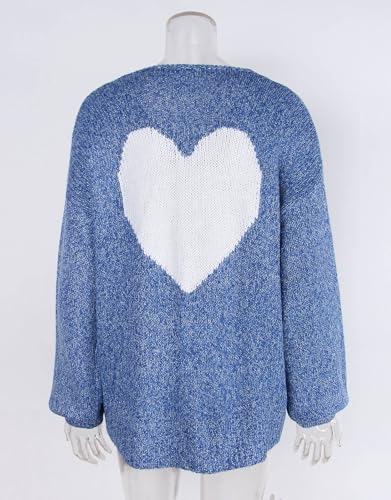 Image of Women's Tie Cardigan Sweaters Long Sleeve Chunky Knit Big Cute Heart Sweater Coats Blue X-Large