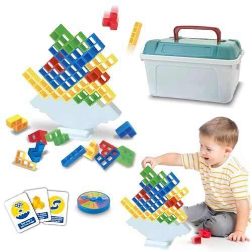 LIULINY 64 peças Tetra Tower, conjunto empilháveis Stack, Tetris Balance inclui 22 cartas, um disco de punição e uma caixa para guardá-los, jogos de habilidade, para jogos em família, festas e viagens