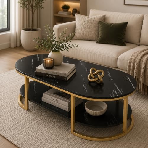 Image of Coffee Tables for Living Room Modern Coffee Table Oval Sofa Table Center Tables for Living Room 2 Tier Side Table Small Apartment Home Furniture Black Gold 2T (Black Gold 2t)